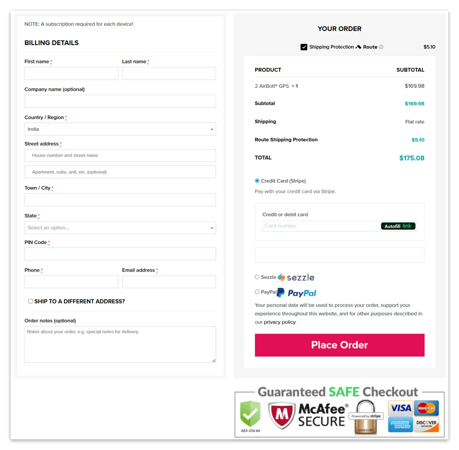 AirBolt GPS secure checkout page